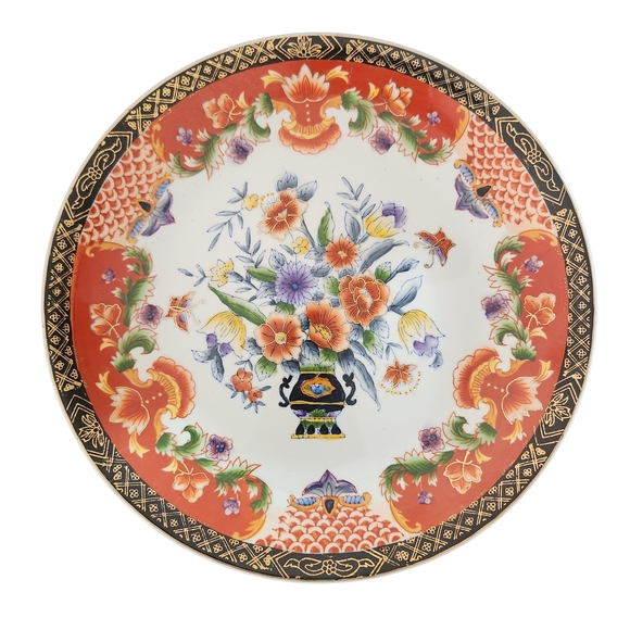 Other - Antique Asian Hand-Painted Red and Black Floral Decorative Plate